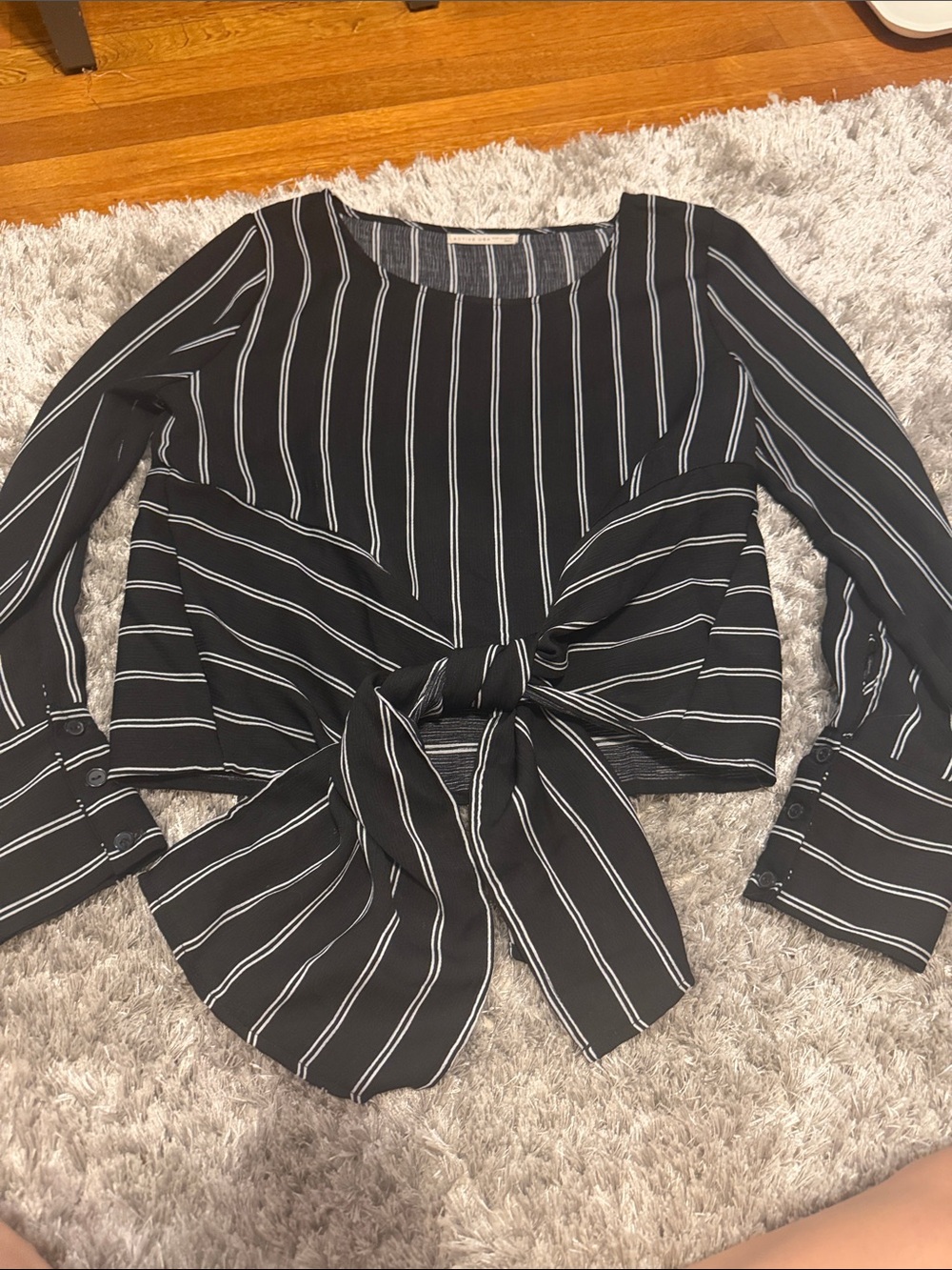 Active USA Black Pinstripe Tie-Front Long Sleeve Blouse